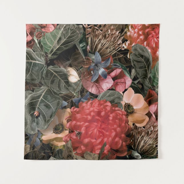 Tenture La fresque au mur. Fleurs et plantes avec des pion (Devant)