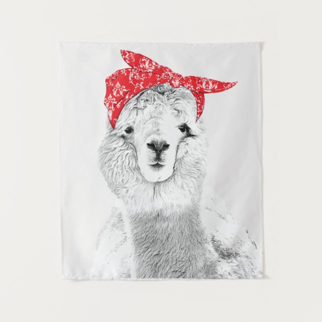 Tenture L'adorable lama portant une banane rouge (Devant)