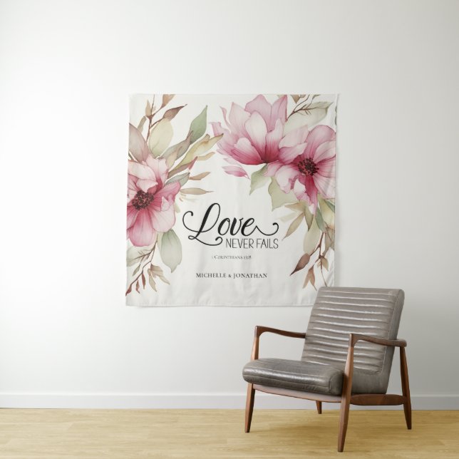 Tenture L'amour n'échoue jamais Bible Verse Mariage rose F (En situation)
