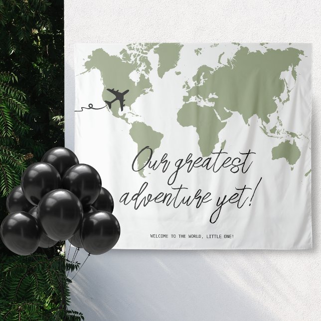 Tenture L'aventure commence Carte du monde Baby shower Sag (Our greatest adventure yet, baby shower travel themed backdrop)
