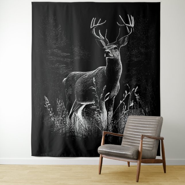 Tenture Le cerf majestueux en pleine nature - Art noir et  (En situation)