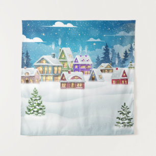 Tenture Le soir paysage de village d'hiver avec neige