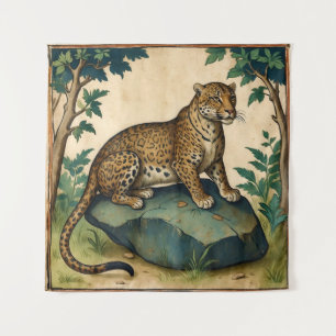 Tenture Leopard médiéval sur le rocher dans l'art forestie