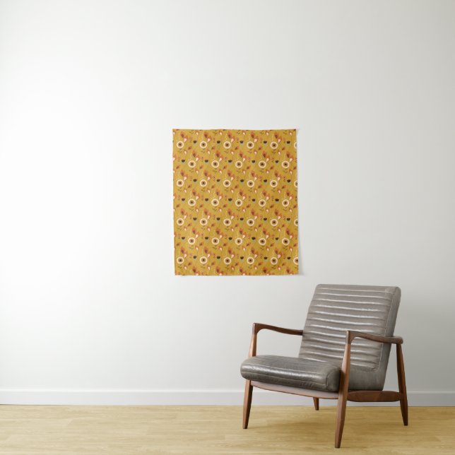 Tenture les années 70 Mi-Siècle Moderne Mustard Floral (En situation)