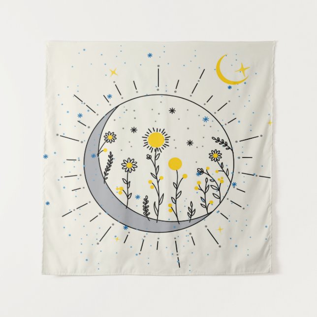 Tenture Les fleurs planent le soleil et la lune graphisme (Devant)