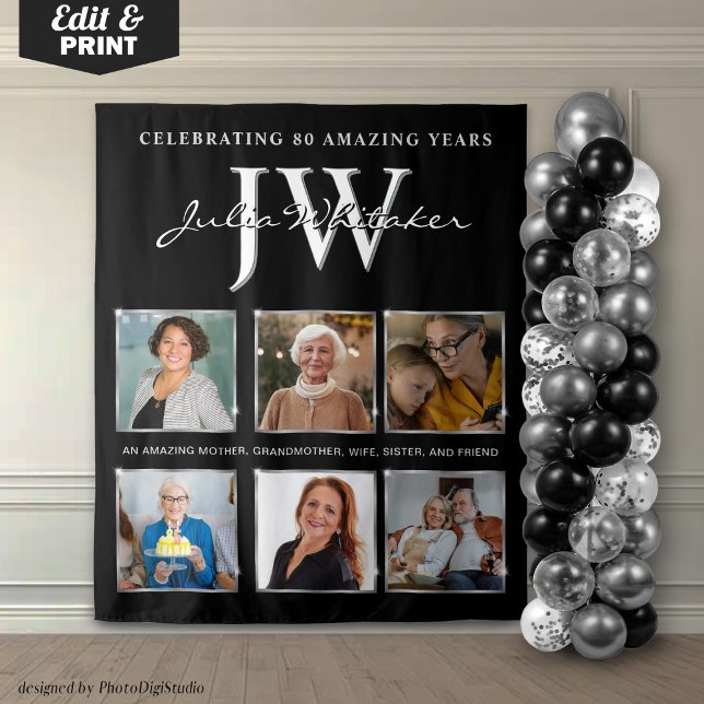 Tenture Lettres initiales argentées Fond de décor personna (Silver Initials Custom Birthday Backdrop and Photo)