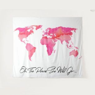 Tenture Lieux Où Elle Va Citer Aquarelle Rose Carte Mondia