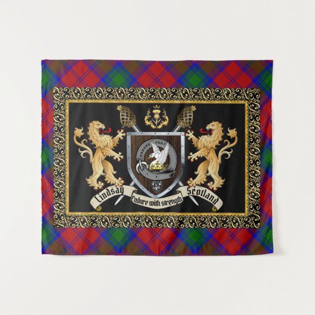 Tenture Lindsay Clan Badge & Motto avec Lions (Devant (Horizontal))