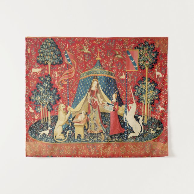 Tenture Lion de DAME ET de LICORNE, fleurs d'imaginaire, (Devant (Horizontal))