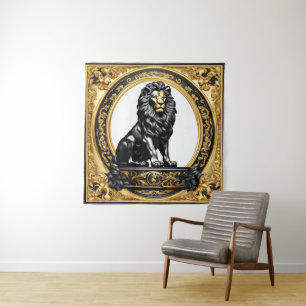 Tenture Lion or et cadre ornemental noir