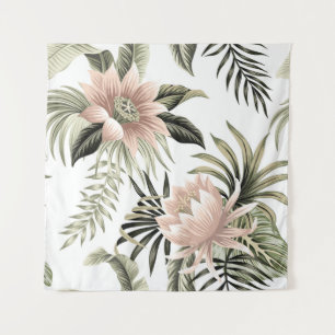 Tenture Lotus rose vintage tropical, feuilles de palmiers,