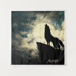 Tenture Loup Alpha Hurleur à la pleine lune la nuit