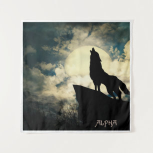 Tenture Loup Alpha Hurleur à la pleine lune la nuit