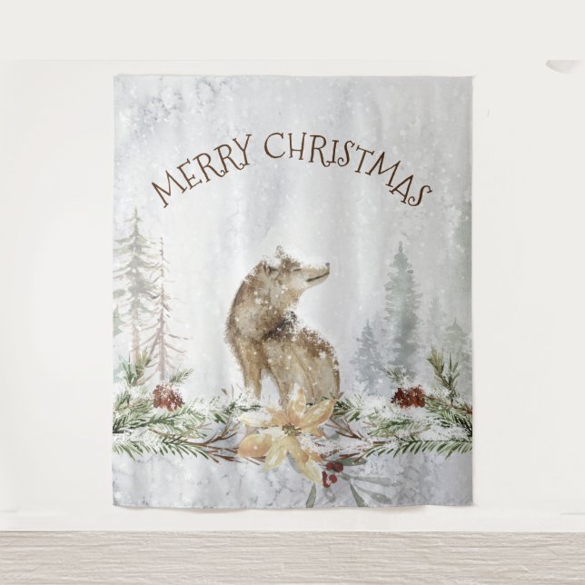 Tenture Loup de Noël dans les bois enneigés joyeux Noël (Devant)