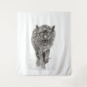 Tenture Loup noir en colère dans la neige, hiver sauvage