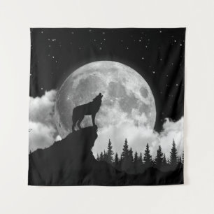 Tenture Loup noir et blanc hurlant sur la lune