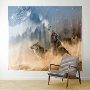 Tenture Loups hurlant sur la lune / Beaux loups