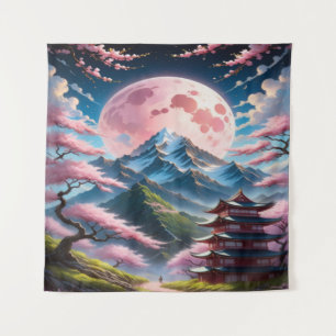 Tenture Lune rose et pagode de fleurs de cerisier : anime