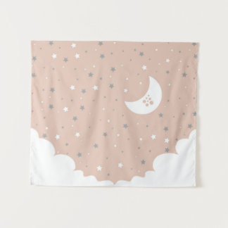 Tenture Lune rose orange et ciel étoilé