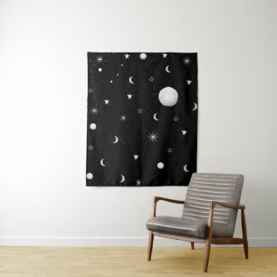 Tenture Lunes et Étoiles Noires et Blanches