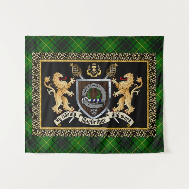 Tenture MacArthur Clan Badge & Motto avec Lions (Devant (Horizontal))