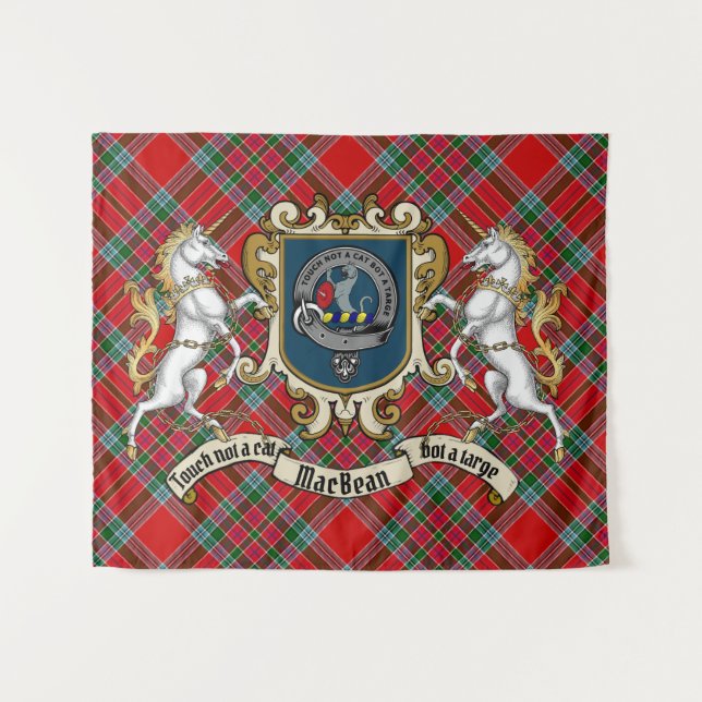 Tenture MacBean Clan Badge & Licornes avec Tartan  (Devant (Horizontal))