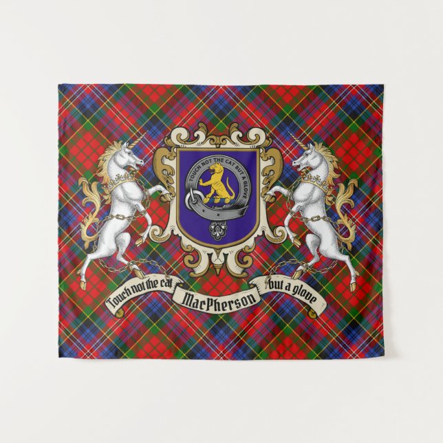 Tenture MacPherson Clan Badge & Unicorns avec Tartan (Devant (Horizontal))