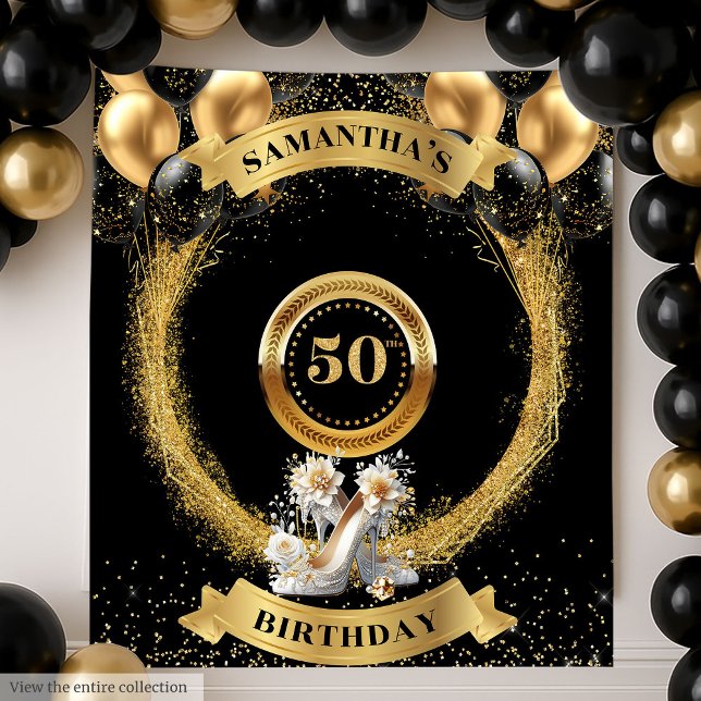 Tenture Magnifique 50e anniversaire fond or talons de ball (Gorgeous 50th Birthday Backdrop Gold Balloon Heels)