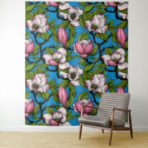 Tenture Magnolia en floraison sur bleu
