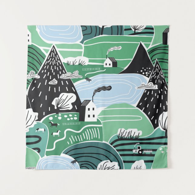 Tenture Maisons scandinaves, arbres, montagnes illustratio (Devant)