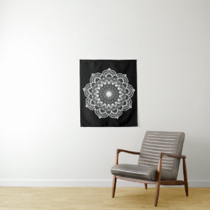 Tenture Mandala Blanc sur Fond Noir Petit