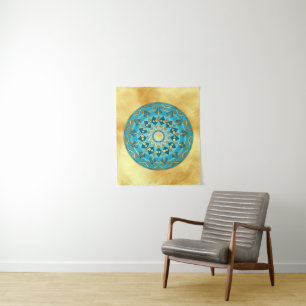 Tenture Mandala bleu or sur fond or doux