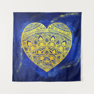 Tenture Mandala Heart Or Lumineux et Bleu