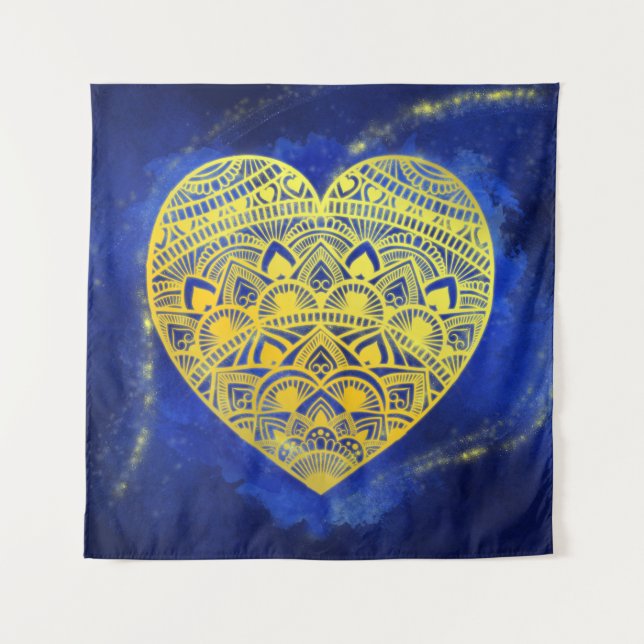 Tenture Mandala Heart Or Lumineux et Bleu (Devant)