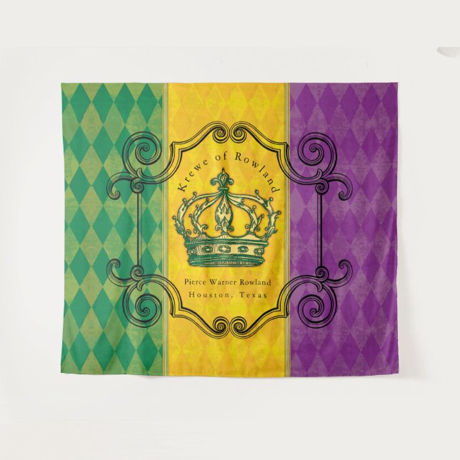 Tenture Mardi Gras Purple Or Vert Couronne Nom de famille  (Devant (Horizontal))