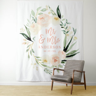 Tenture Mariage aquarelle floral Monsieur et Madame pêche