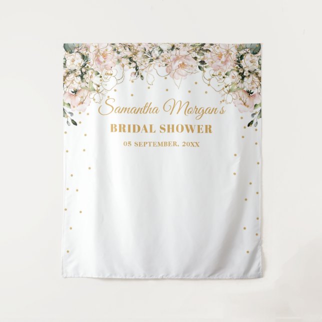 Tenture Mariage bohème rose poudré fleurs feuilles dorées  (Devant)