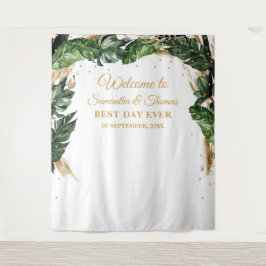Tenture Mariage bohème tropical feuilles floral or