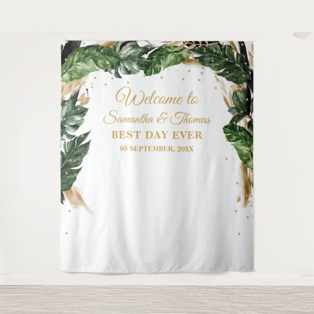 Tenture Mariage bohème tropical feuilles floral or (Devant)