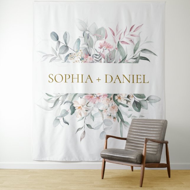 Tenture Mariage Botanique Eucalyptus Floral Rose Clair  (En situation)