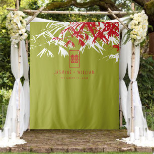Tenture Mariage chinois Feuille en bambou vert et rouge