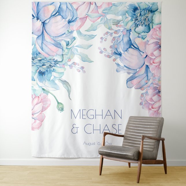 Tenture Mariage | Ciel Bleu et Bubblegum Pink Peonies (En situation)