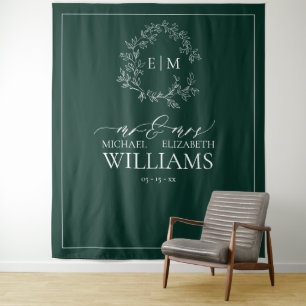 Tenture Mariage de monogramme Emerald Green Leafy Crest