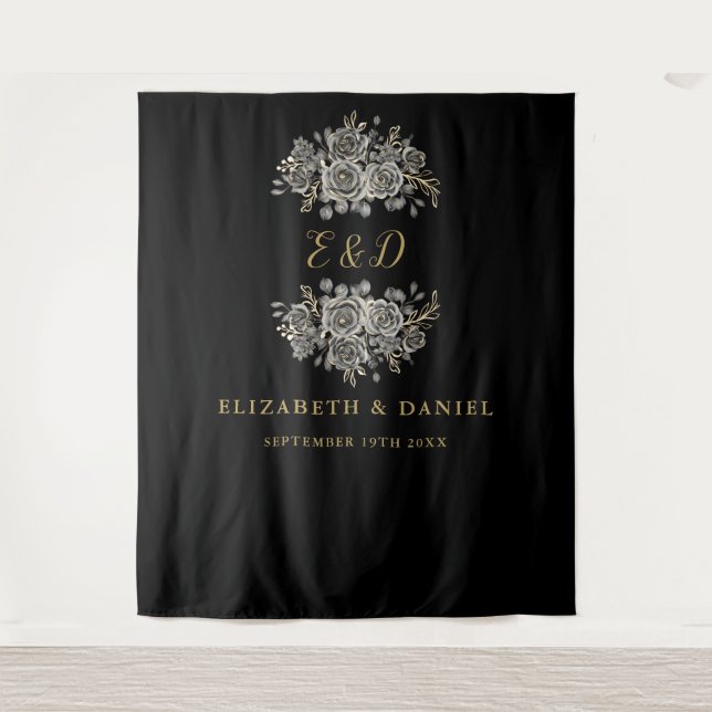 Tenture Mariage de monogramme Floral de goth d'or noir (Devant)