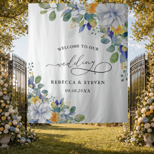 Tenture Mariage élégant floral aquarelle jaune et bleu