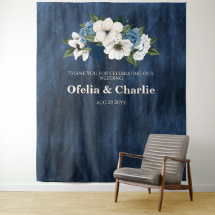 Tenture Mariage Fleuris Bleu Poussiéreux, Nuit et Ivoire s