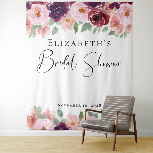 Tenture Mariage Floral Aquarelle Bordeaux Rose (En situation)