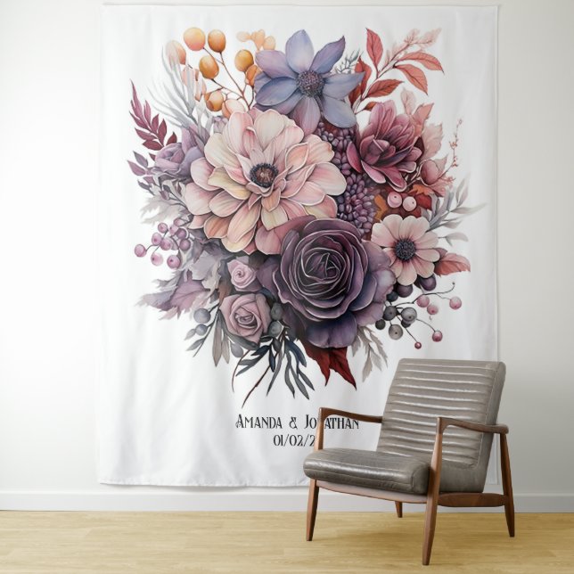 Tenture Mariage Floral aux tons de Prune, Gris, Cuivre et  (En situation)