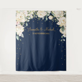 Tenture Mariage floral bohème bleu marine et blanc