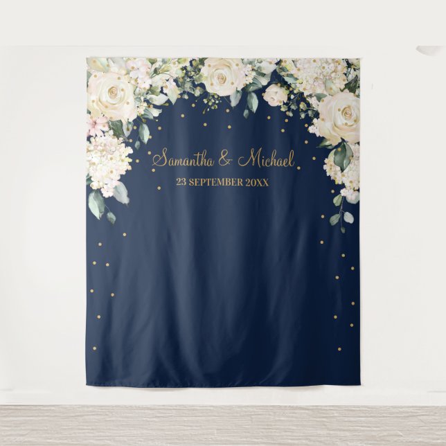 Tenture Mariage floral bohème marine et blanc (Devant)